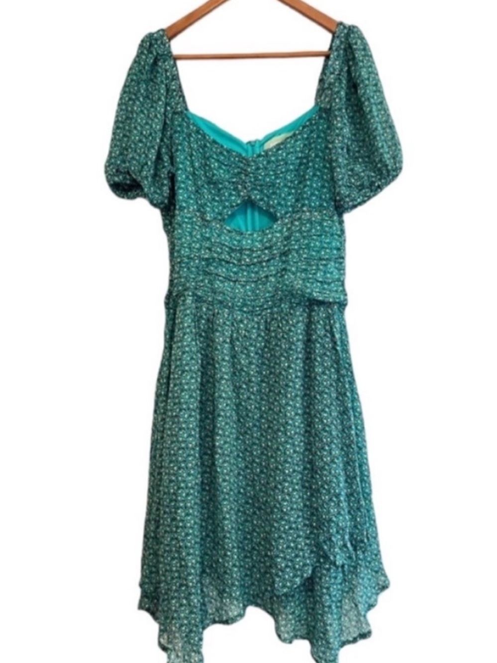 Anthropologie Puff-Sleeved Cut-Out Midi Dress size 14 Handkerchief Hem Plus Size - Picture 5 of 12